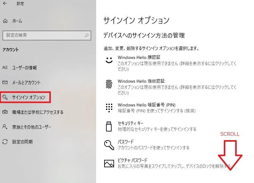サインインオプションを選択して下までスクロール