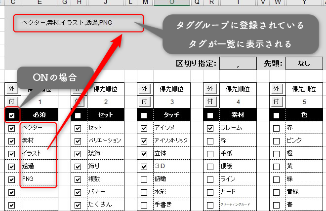 ストックイラストのタグ管理に使えるマクロつきのExcelシート