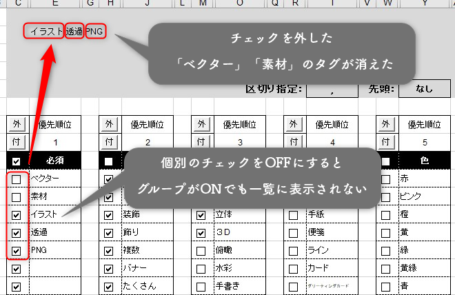 ストックイラストのタグ管理に使えるマクロつきのExcelシート
